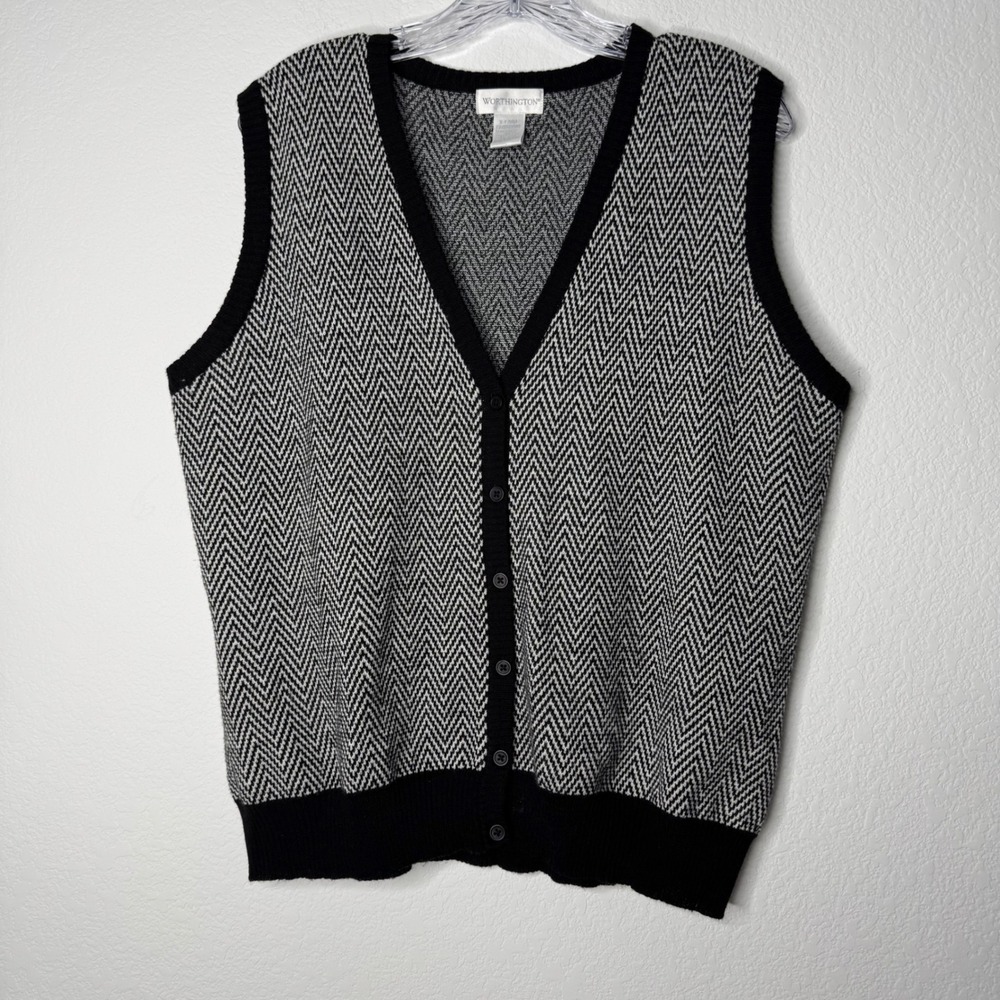 Worthington Black Herringbone‎ Button Front Sweater Vest Wool Cashmere Womens XL